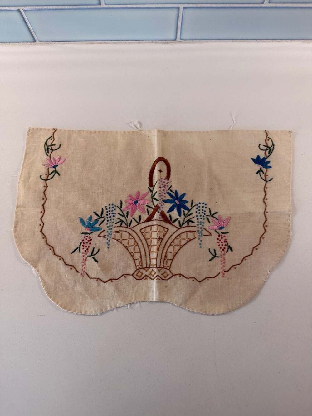 Vintage Hand Embroidered Floral Basket Linen Fabric Piece